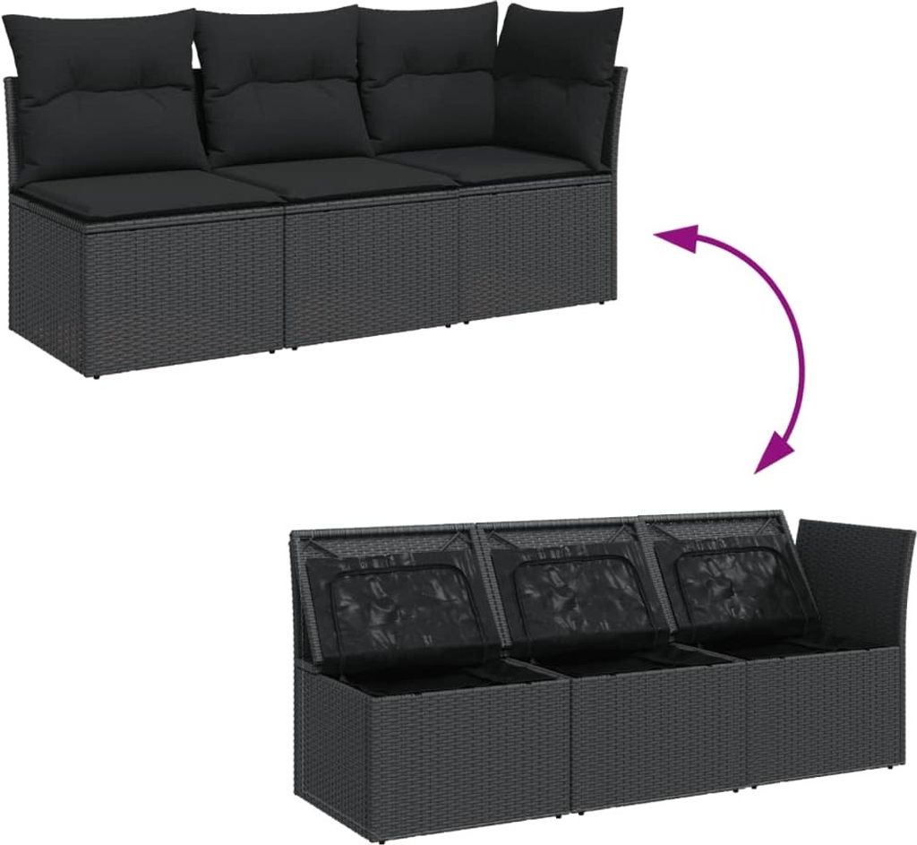 vidaXL Gartensofa mit Kissen 3-Sitzer Schwarz Poly Rattan Produktbild 4