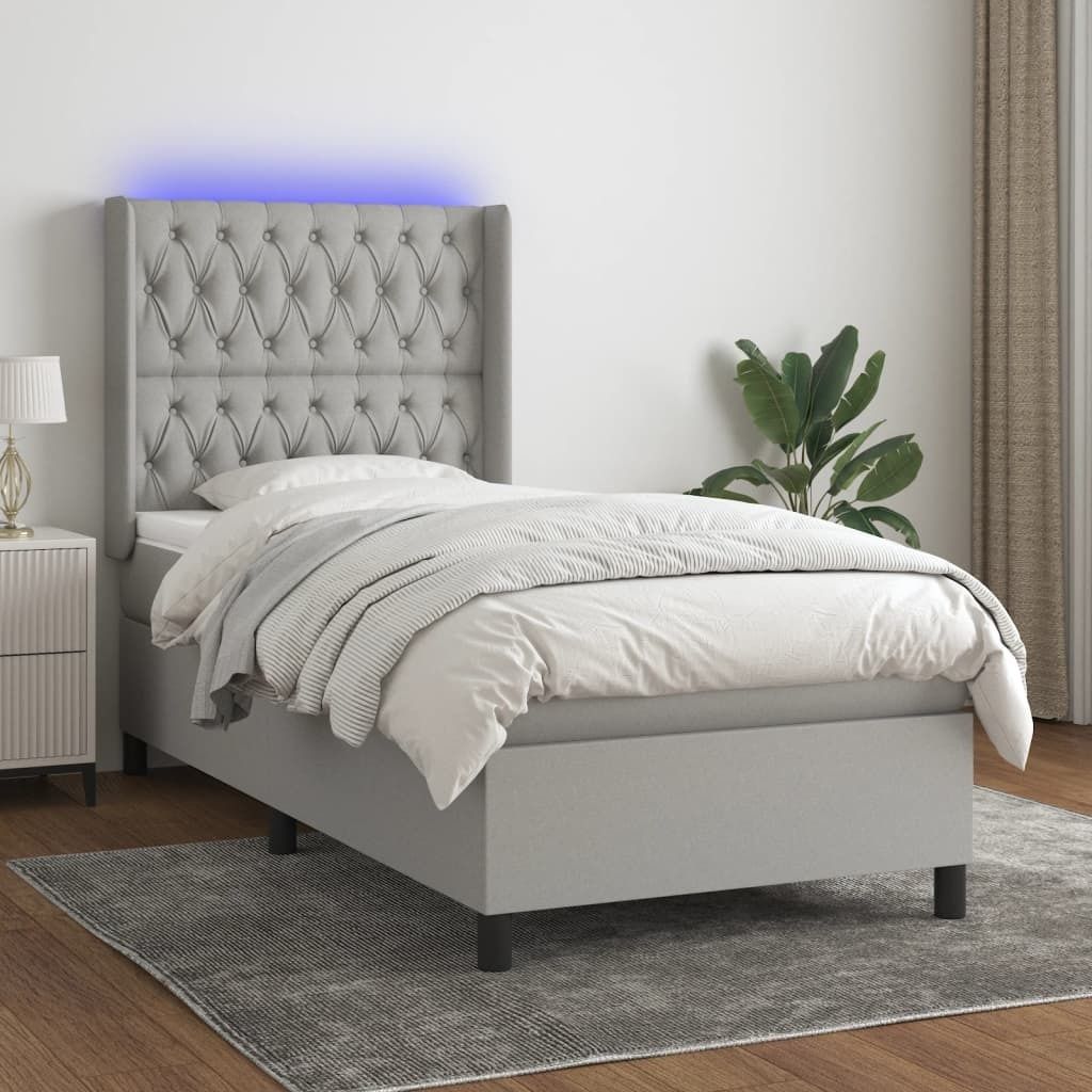 The Living Store Boxspringbett mit Matratze & LED Hellgrau 90x190 cm Stoff
