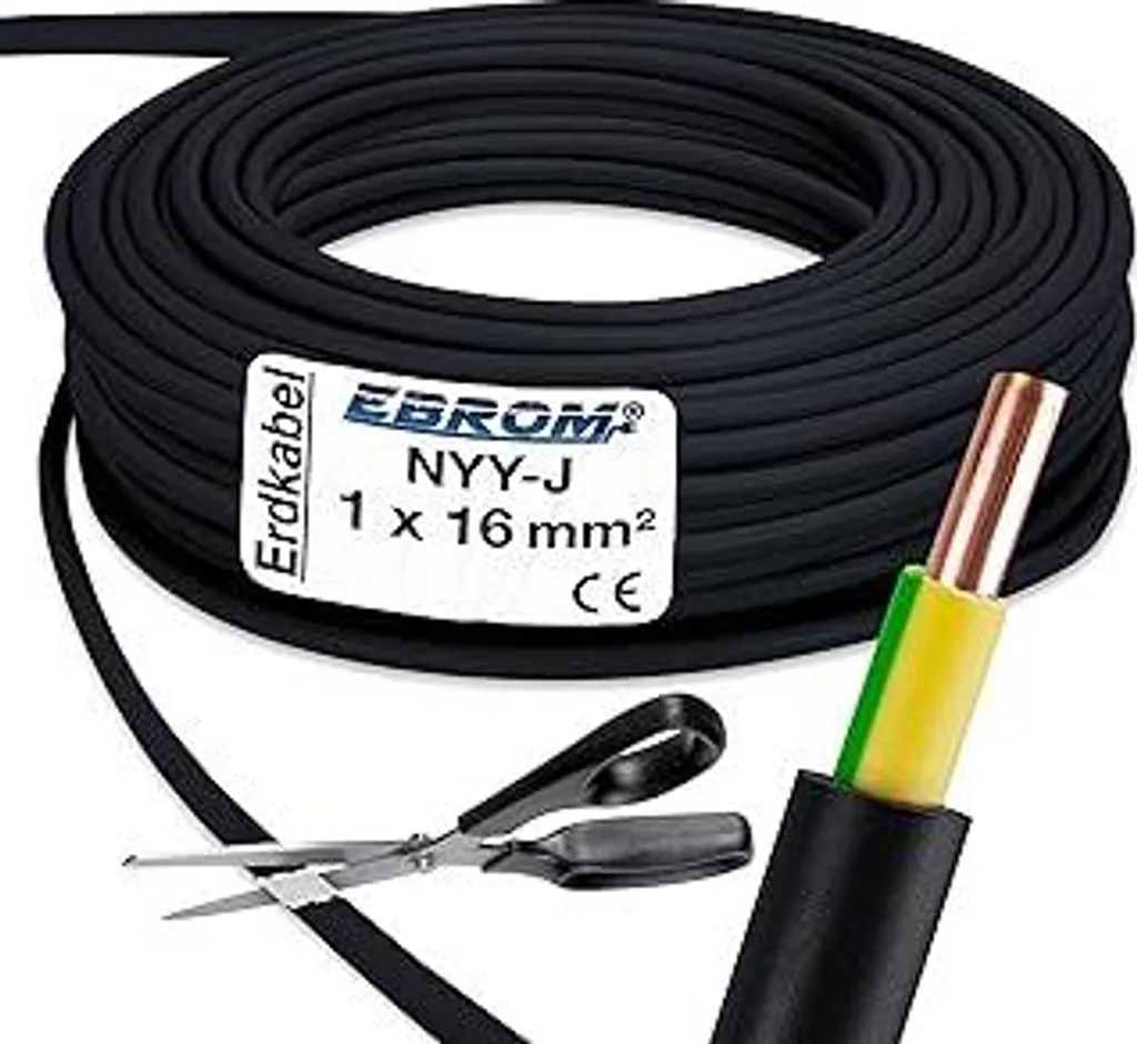 Cavo di terra EBROM Cavo di terra NYY-J 1x16 mm² Cavo per corrente forte PVC Cavo di terra Protezione contro i fulmini - nero - Venduto al metro con precisione al metro - Selezione in incrementi di 1 metro - 1x16 mm2 - Lunghezza desiderata: 10 metri