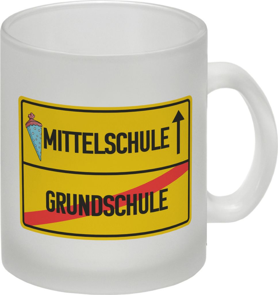 Mittelschule Ortsschild Glas Tasse zur Einschulung