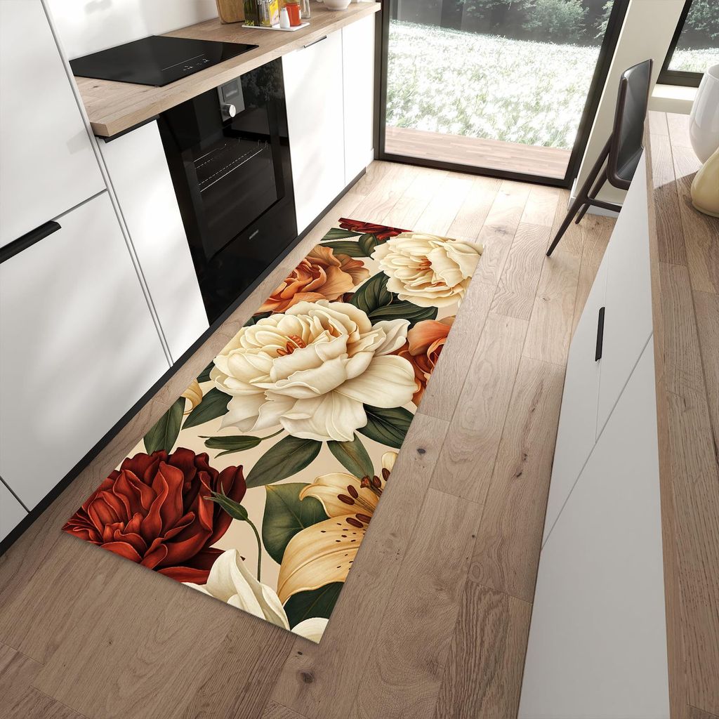 Küchenteppich 80x200cm rutschfest & abwischbar PVC Läufer - Sanfte Blumenpracht