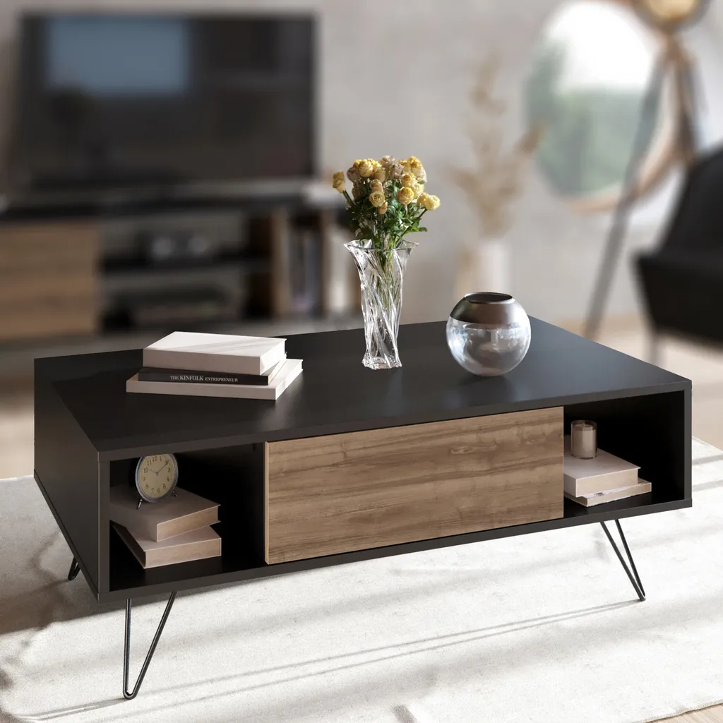 Table Basse de Salon Design Noir et Bois Noyer Mistico 120 cm de Large