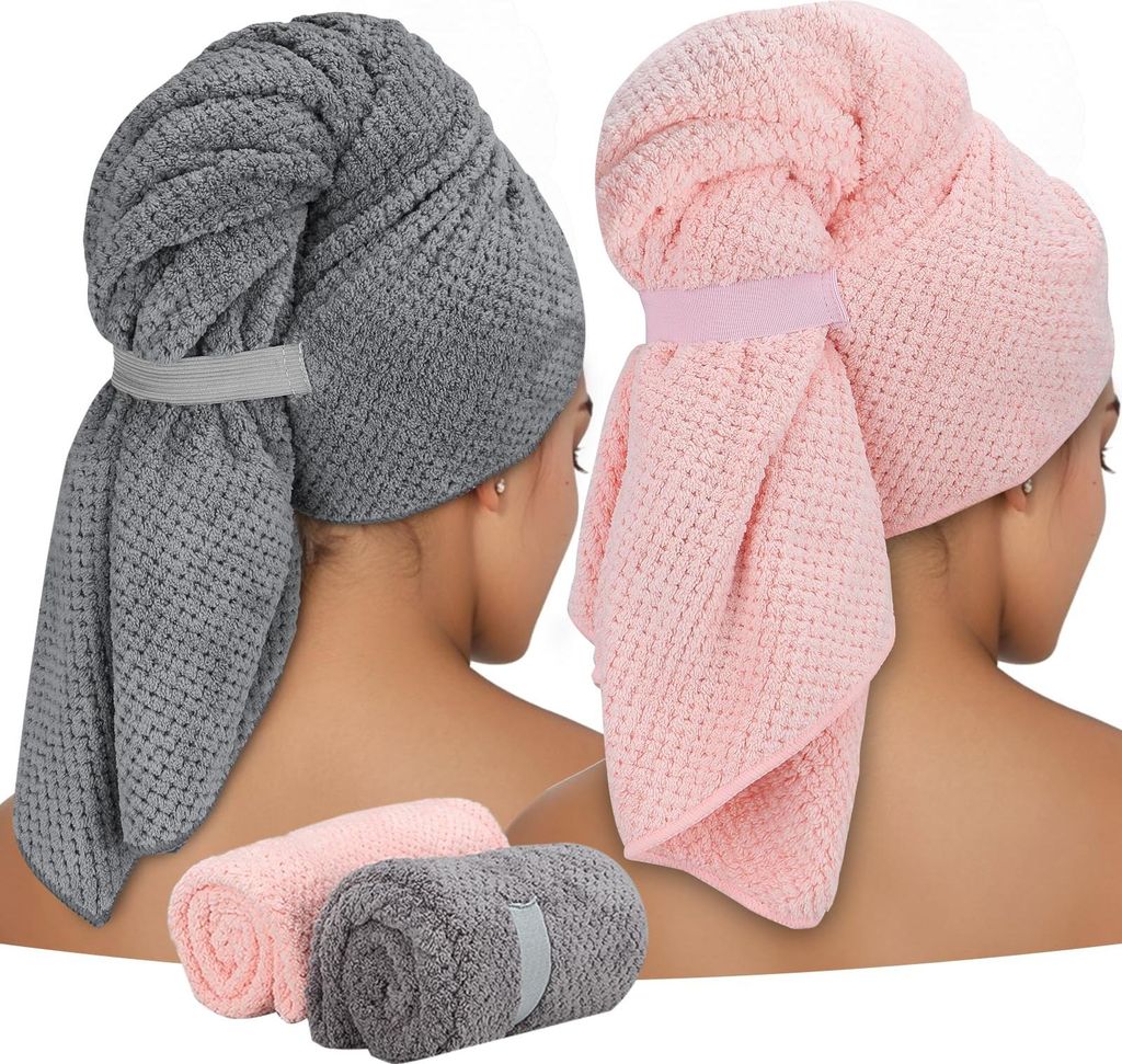 2 Stück Mikrofaser Handtuch für Langes Haar/ 100 x 60 cm Premium Haarturban mit Elastischem Band/Schnell Trocknend Super Saugfähig