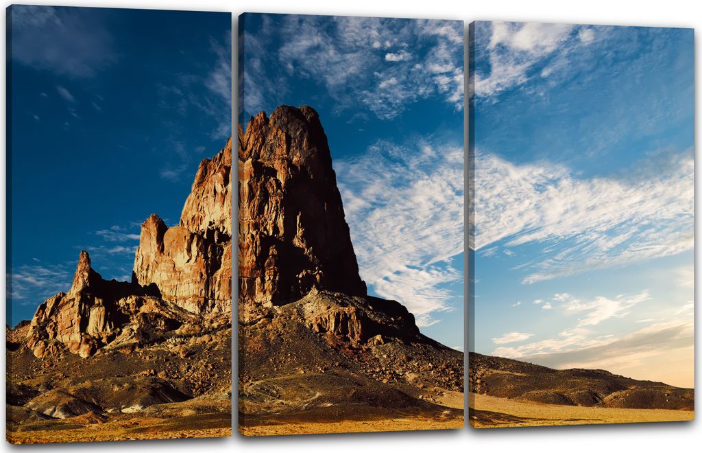 Leinwandbild 3-teilig (120x80cm): Berg in Wüste gelber Sand einsam vor blauem Himmel, echter Holz-Keilrahmen inkl. Aufhänger, handgefertigt in De...