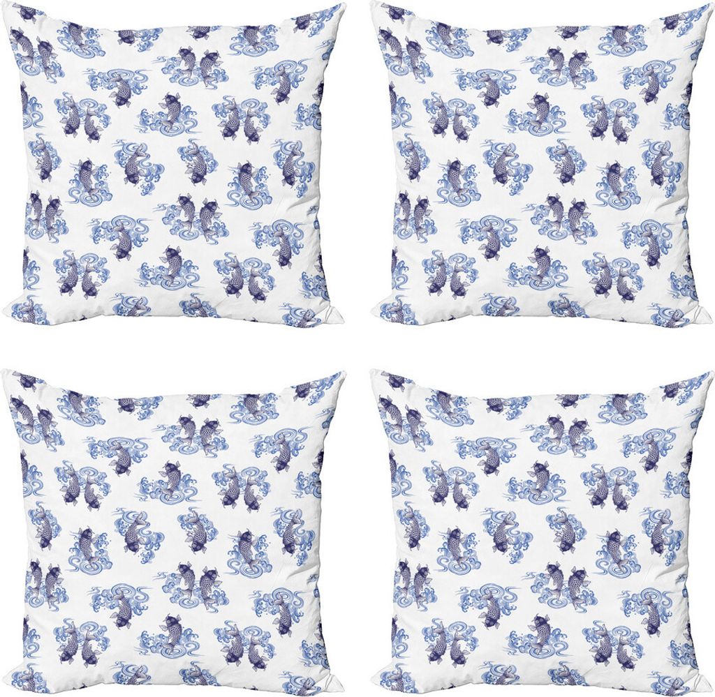 ABAKUHAUS japanisch Kissenbezug Set (4 Stück), Japanische Art Karpfen, Moderner Doppelseitiger Digitaldruck, 50 cm x 50 cm, Dunkelblau