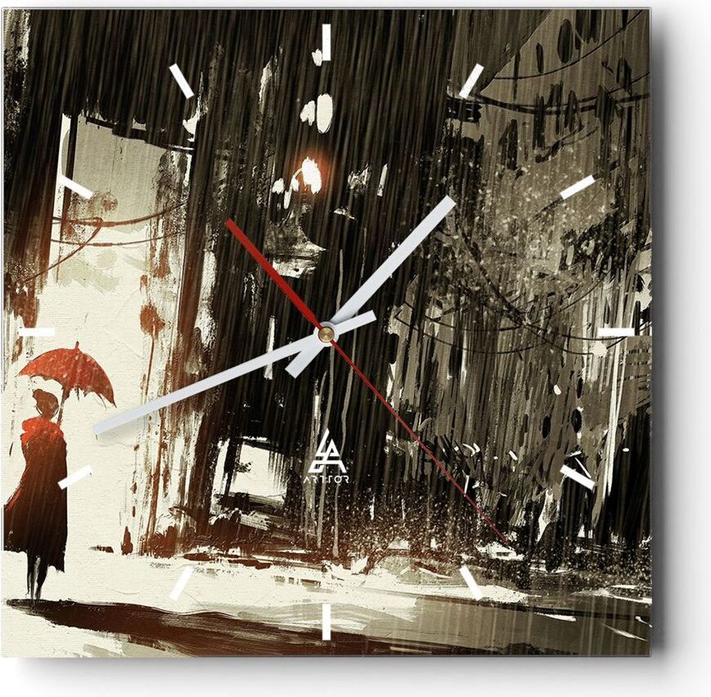 Wanduhr - Quadrat - Glasuhr - apocalypse regen Regenschirm Rätsel - 40x40cm - Schleichendes Uhrwerk - Lautlos - zum Aufhängen bereit - Dekoration...