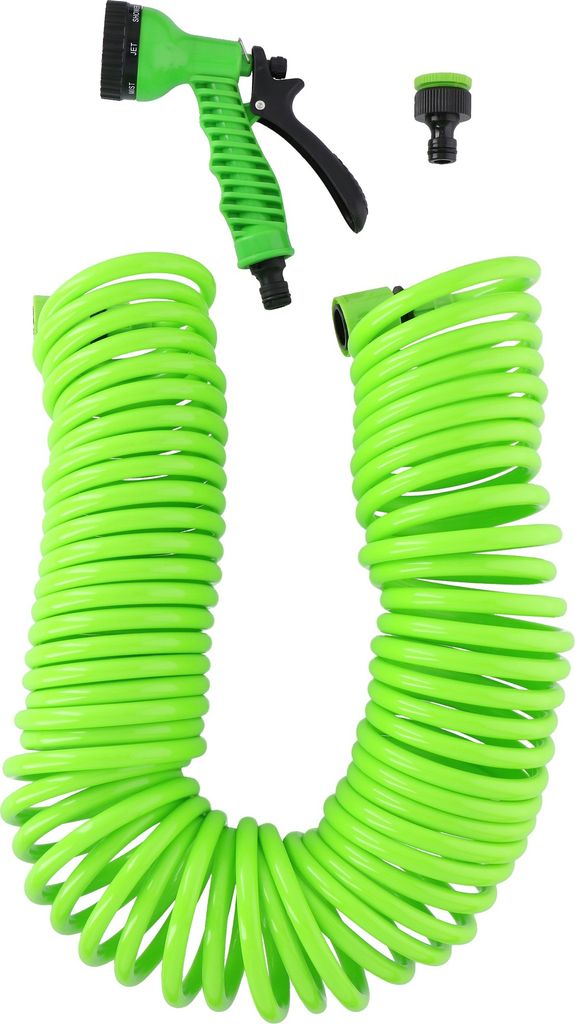 Kinzo Flexibler Gartenschlauch 15 Meter Inkl. Düse und Schnellkupplung - 7 Sprühfunktionen - Spiralschlauch - UV-beständig - PVC - Grün