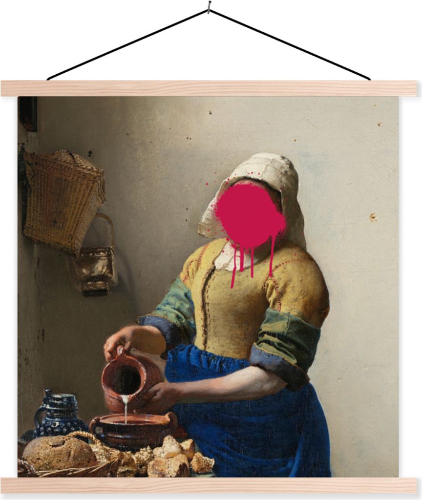 MuchoWow Textilposter Das Milchmädchen - Vermeer - Kunst 60x60 cm mit holzfarbenen Rahmen - Wanddekoration