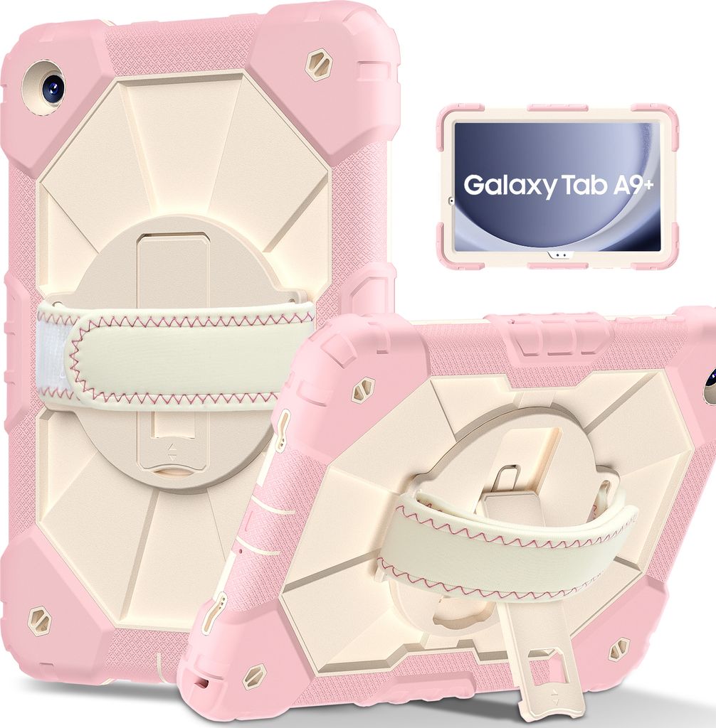Hülle für Samsung Galaxy Tab A9 Plus /Tab A9+ 11" 2023 Tablette Schutzhülle Stoßfeste mit 360 Drehbarer Handschlaufe/Ständer Pink