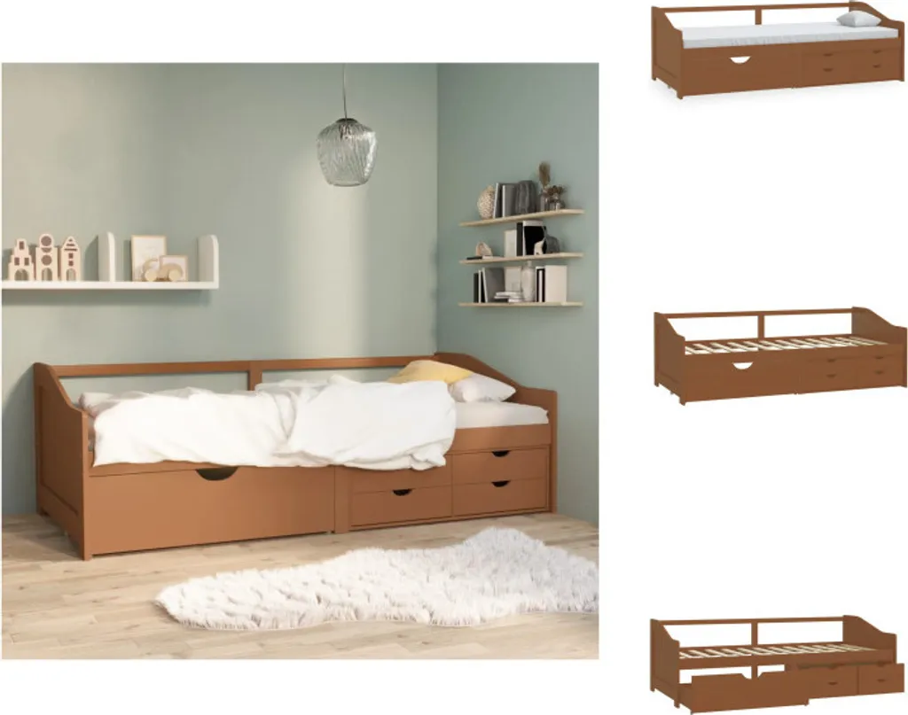 Gagnez de la place avec ce lit de jour 90x200 cm pin miel à tiroirs intégrés