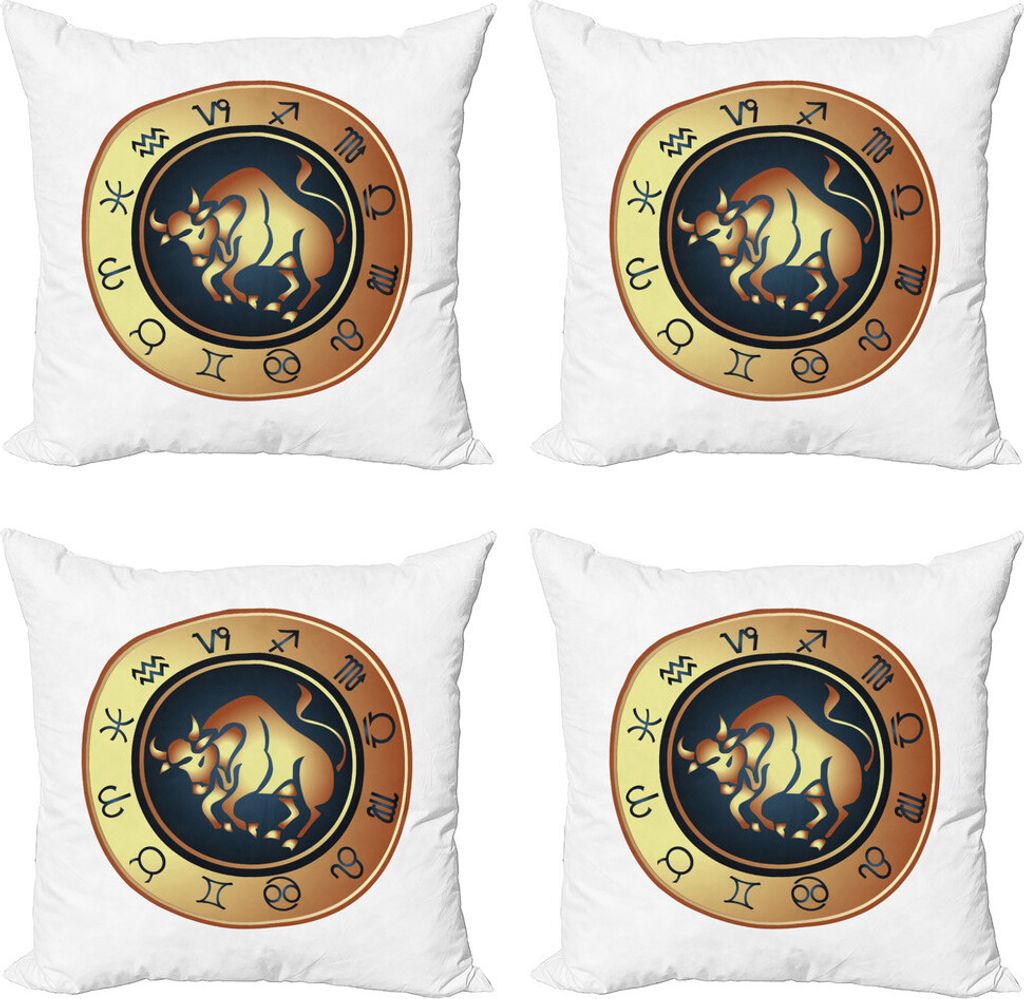 ABAKUHAUS Sternzeichen Stier Kissenbezug Set (4 Stück), Kreis Bull, Moderner Doppelseitiger Digitaldruck, 45 cm x 45 cm, Pale Brown Yellow Indigo