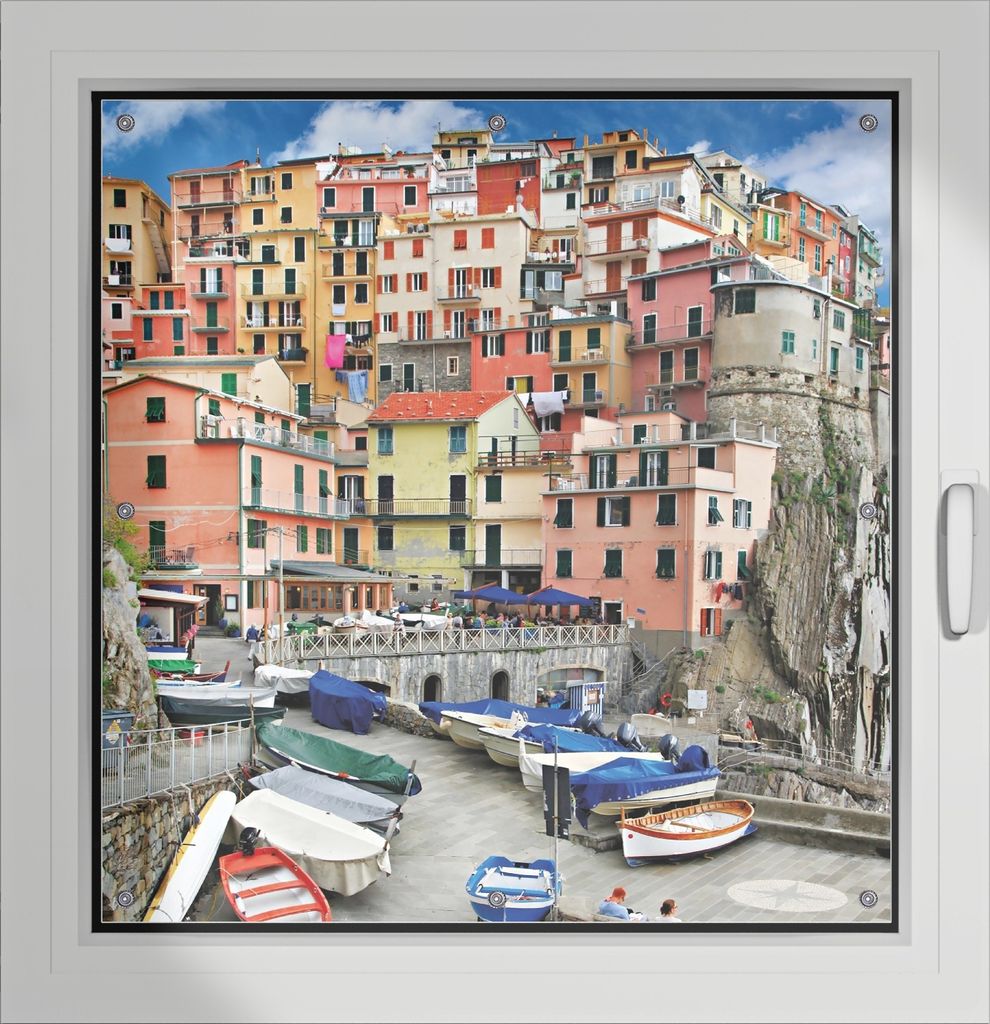 Wallario Lichtschutzbild, Dekorativer Sichtschutz Sonnenschutz 96 x 100 cm mit Motiv: Bunter Hafen in Italien - Verdunklung ohne Bohren