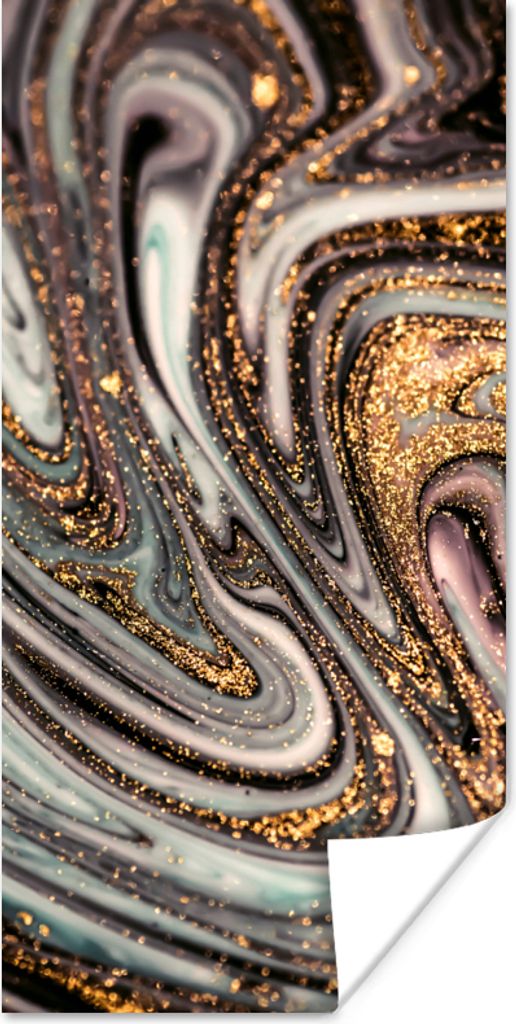 MuchoWow Poster Marmoroptik - Gold - Glitter - Luxus - Marmor - Weiß 60x120 cm - Wandschmuck