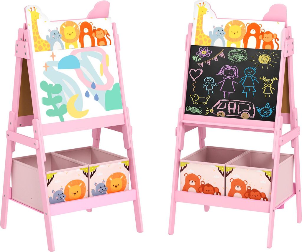 2-in-1 Kindermalstaffelei mit Whiteboard, Kreidetafel, Aufbewahrungsboxen, für Kinder im Alter von 3-8 Jahren, MDF, Stoff, 53,5 x 49 x 113 cm