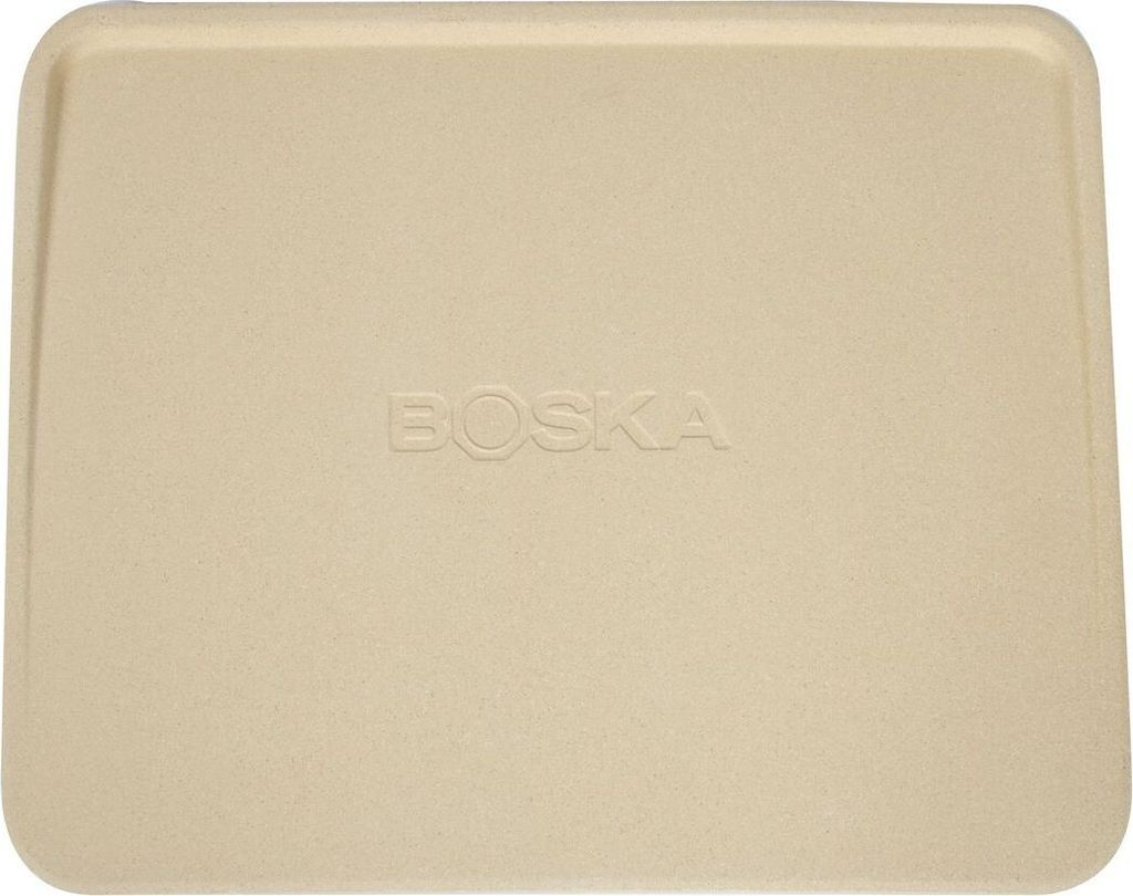 A top-down view of a rectangular pizza stone.