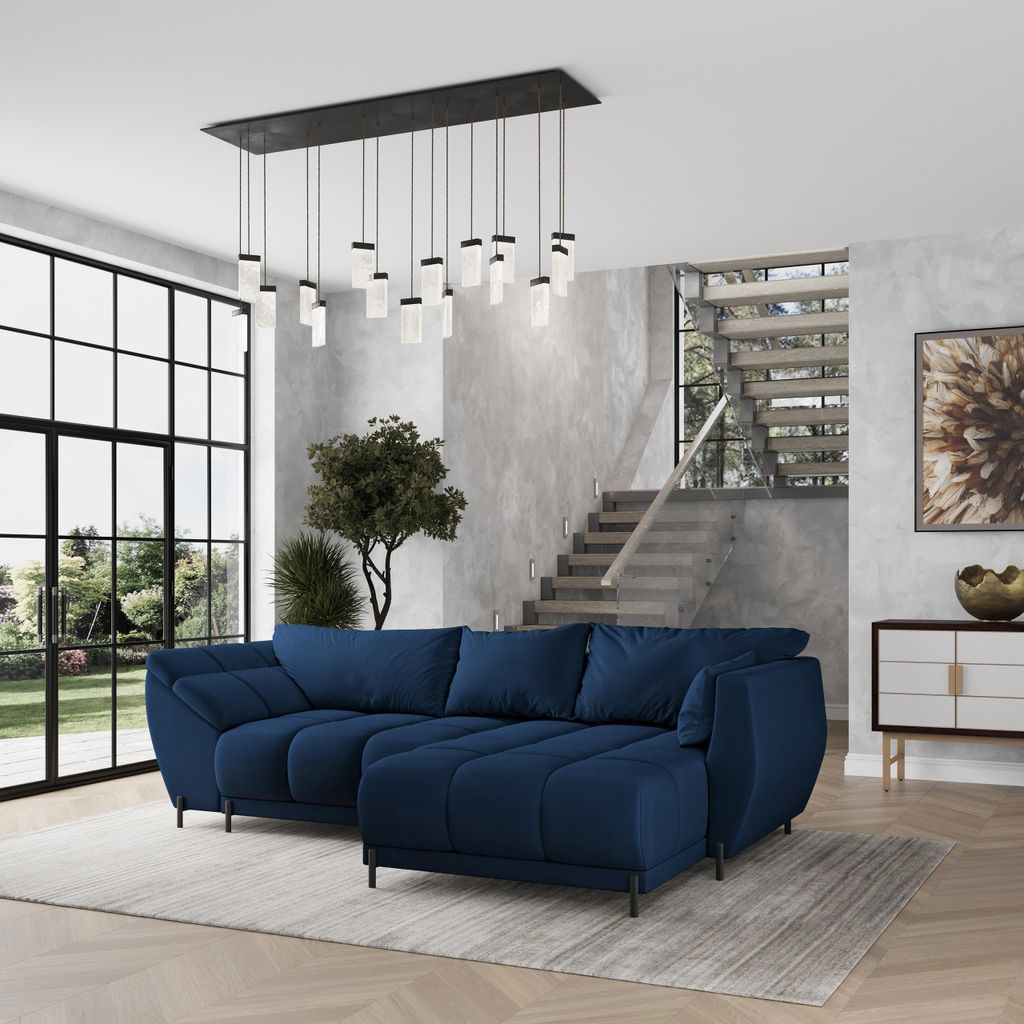 Masseno Ecksofa VESTANO R-S mit Schlaffunktion L-Form, Sofa mit Bettkasten, Wohnzimmersofa, Couch, Soffa, Bettsofa, Couchgarnitur- Blau, MATT VELVE...