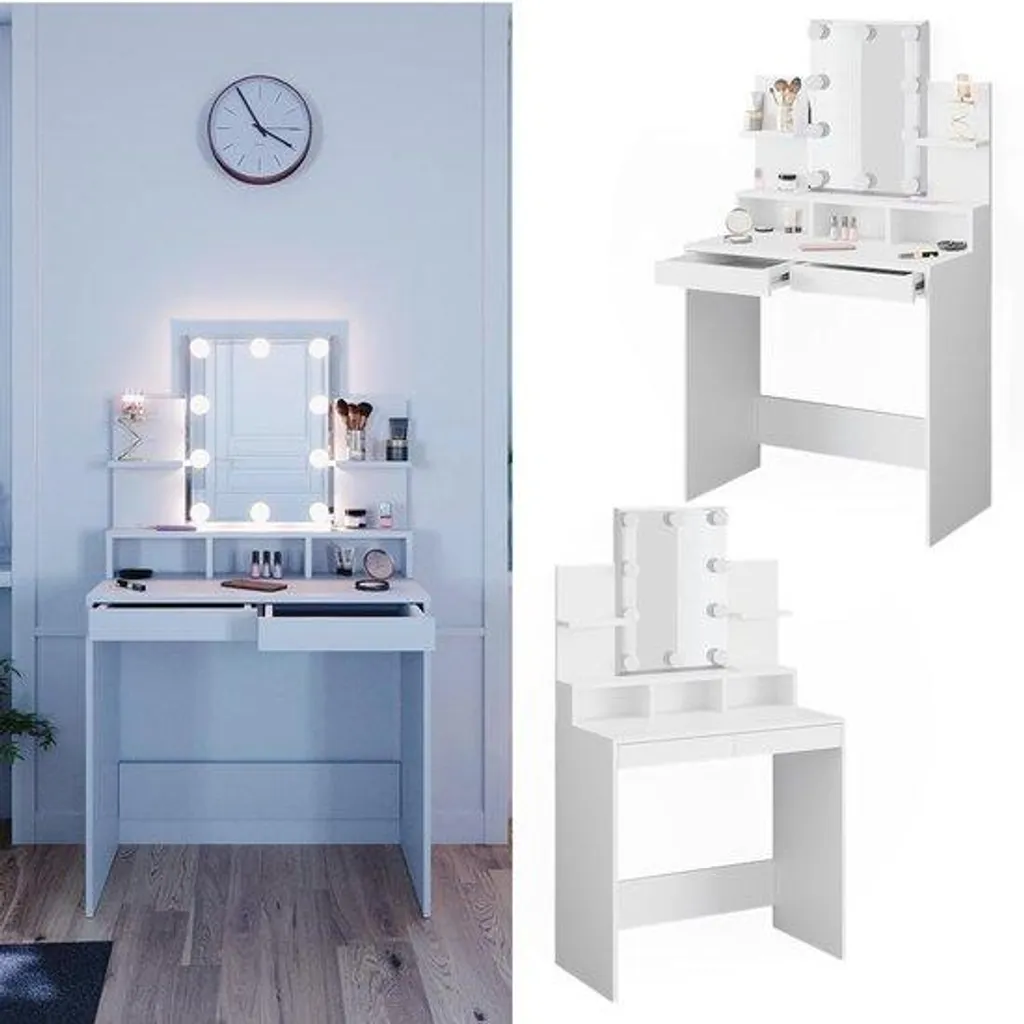 Coiffeuse 80 cm blanche avec miroir LED pour un maquillage parfait sans ombre