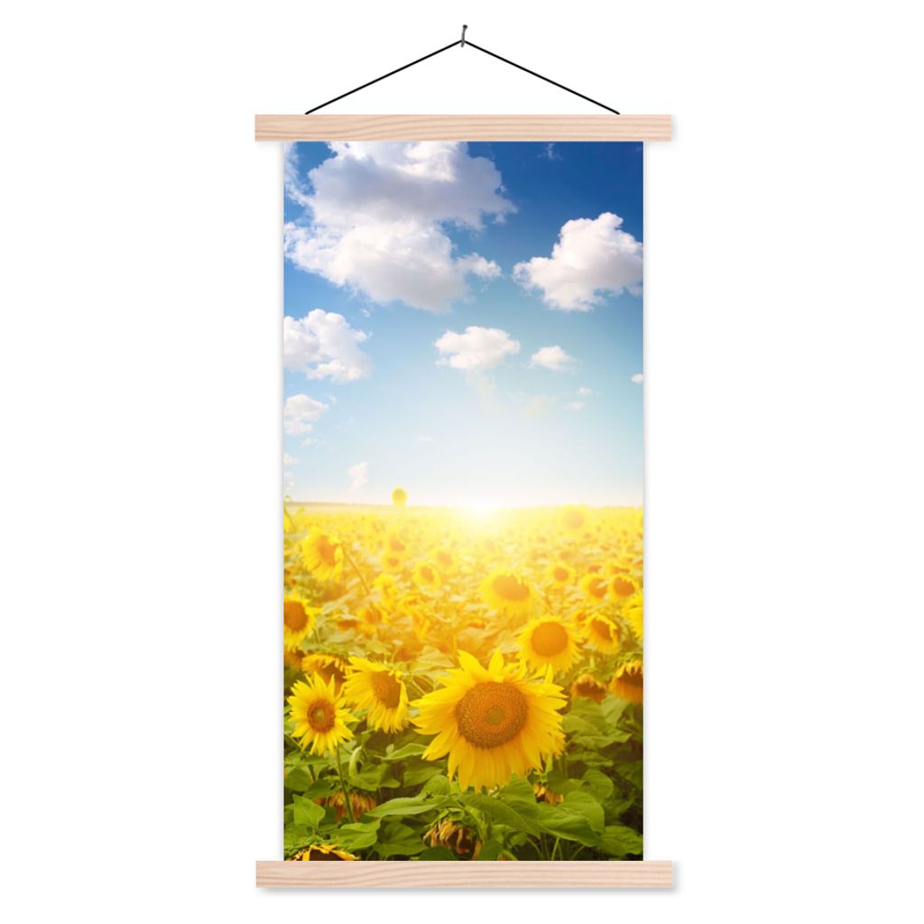 MuchoWow Textilposter Sonnenblume - Sonne - Wolken 60x120 cm mit holzfarbenen Rahmen - Holz