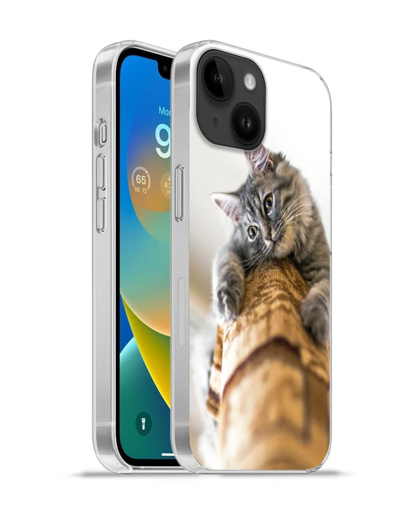 MuchoWow Handyhülle Schutzhülle Hülle für Apple iPhone 14 - Softcase Katze - Kratzbaum - Grau Silikon Softcase Handy Hülle - Mobiltelefonhülle