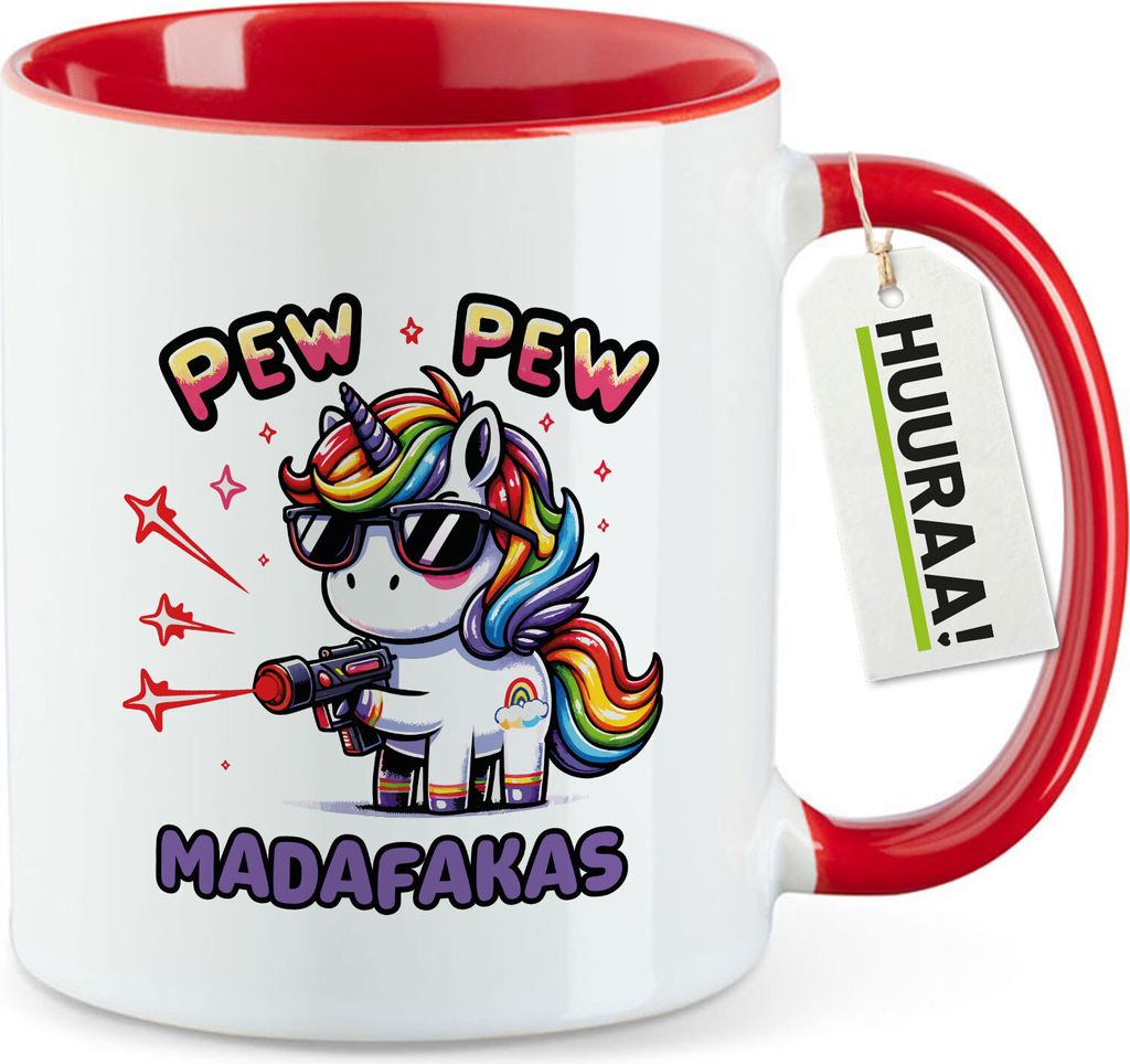 Huuraa Kaffeetasse Pew Pew cooles Einhorn 330ml Rot Keramik Produktbild 