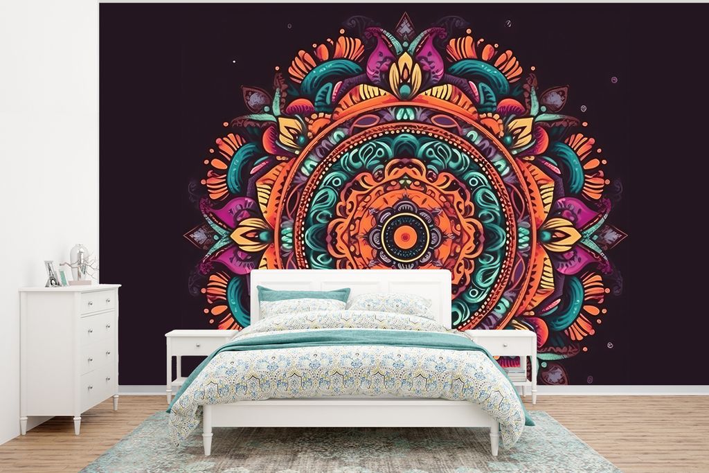 MuchoWow Fototapete für Wohnzimmer oder Schlafzimmer Wandtapete Vinyl Motivtapete Mandala - Blumen - Hippie - Boho - Orange - 350x260 cm - Wohnz...