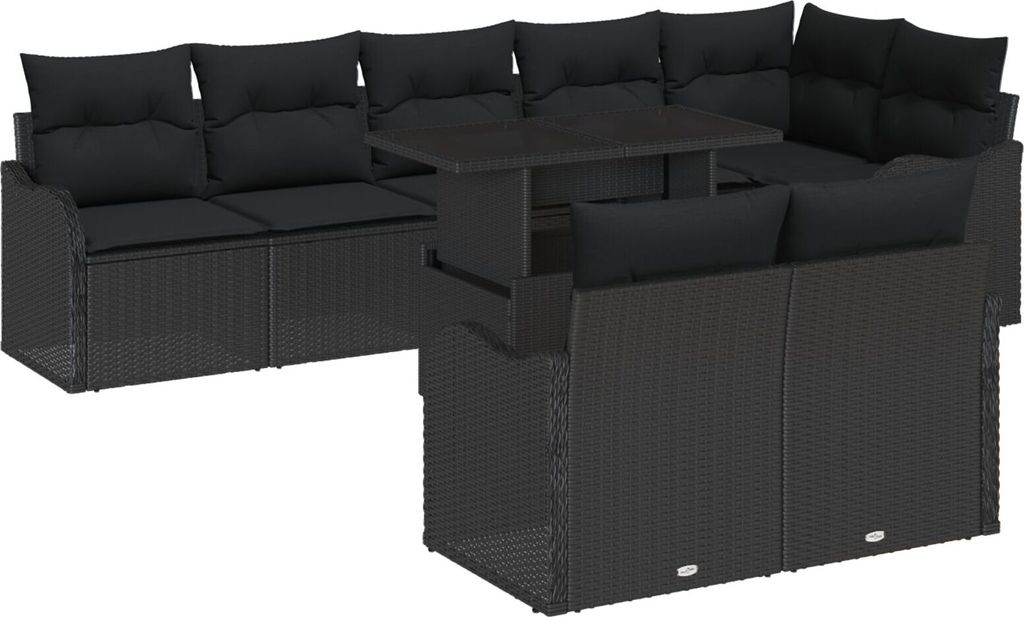9-teiliges Garten-Sofa-Set mit Kissen Schwarz Poly-Rattan, 2-Personen Garten-Sofa mit Kissen Schwarz Poly-Rattan, Gartensofas DesignMöbel Neu