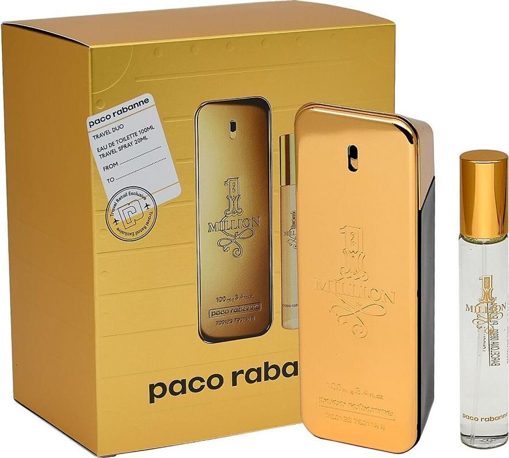 A gift set of Paco Rabanne 1 Million perfume, including a large bottle and a travel spray, presented in its original packaging.