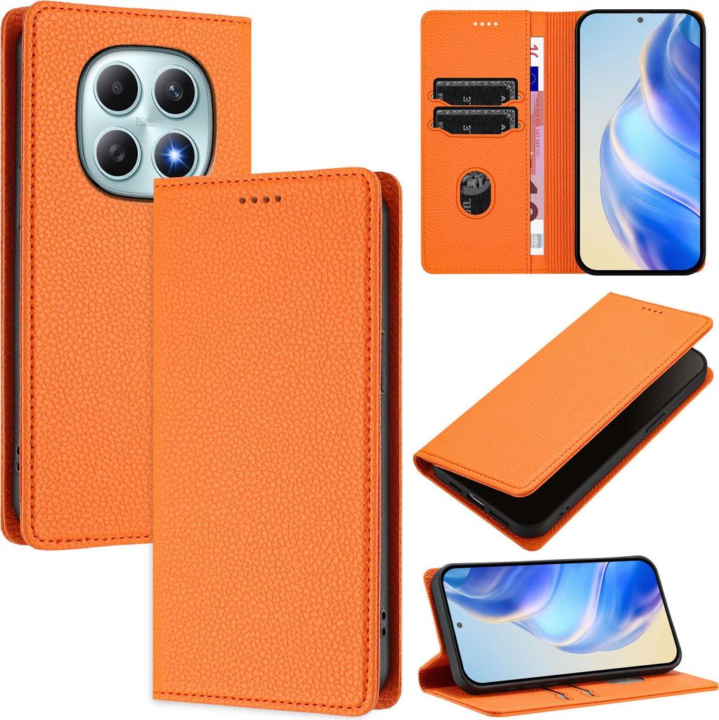Litchi Leder Handyhülle für Xiaomi Redmi Note 15 4G Wallet Kartenfächer Standfunktion Hülle Orange