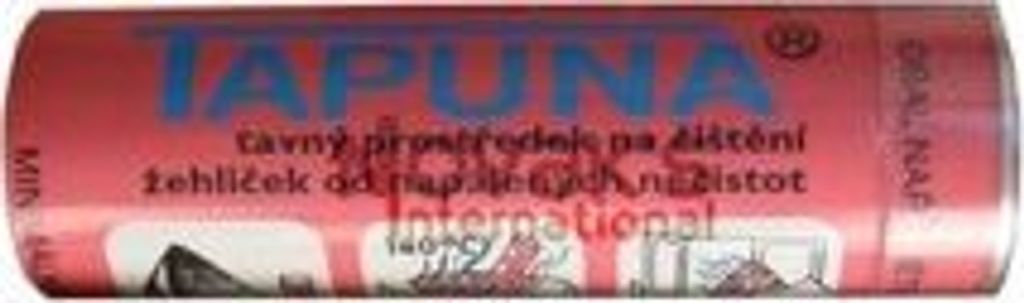 A close-up of a red cylindrical product with blue text.