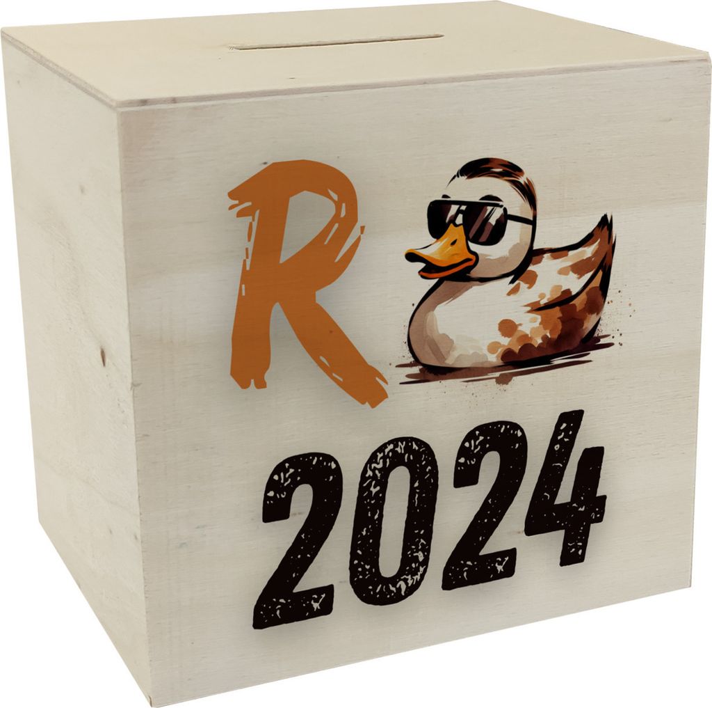 Ente mit Sonnenbrille Spardose aus Holz mit Spruch Rente Produktbild 