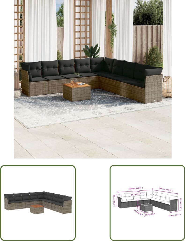 The Living Store 10-tlg. Garten-Sofagarnitur mit Kissen Grau Poly Rattan