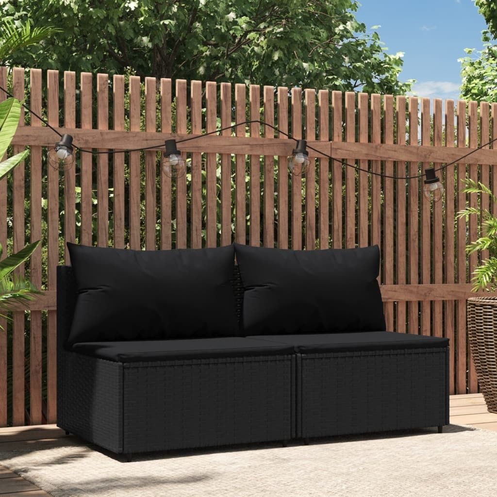The Living Store Garten-Mittelsofas mit Kissen 2 Stk. Schwarz Poly Rattan