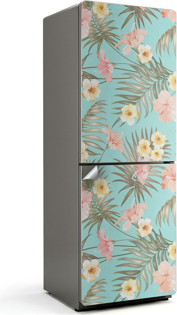 Tropisches Blumenmuster – Kühlschrank Aufkleber – Klebefolie Kühlschrank – Kühlschrank Nachbildung – Kühlschrankfolie selbstklebend –...