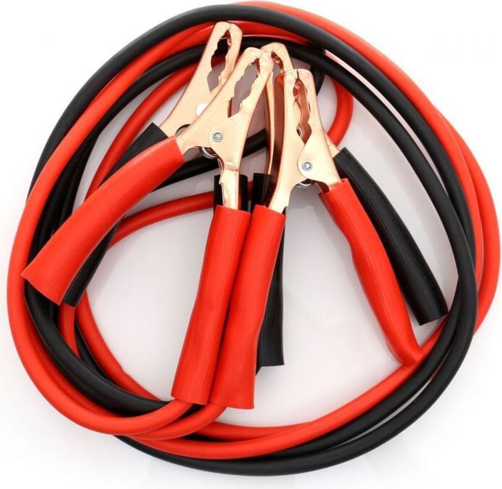 A close-up view of a set of red and black jumper cables with gold clamps.