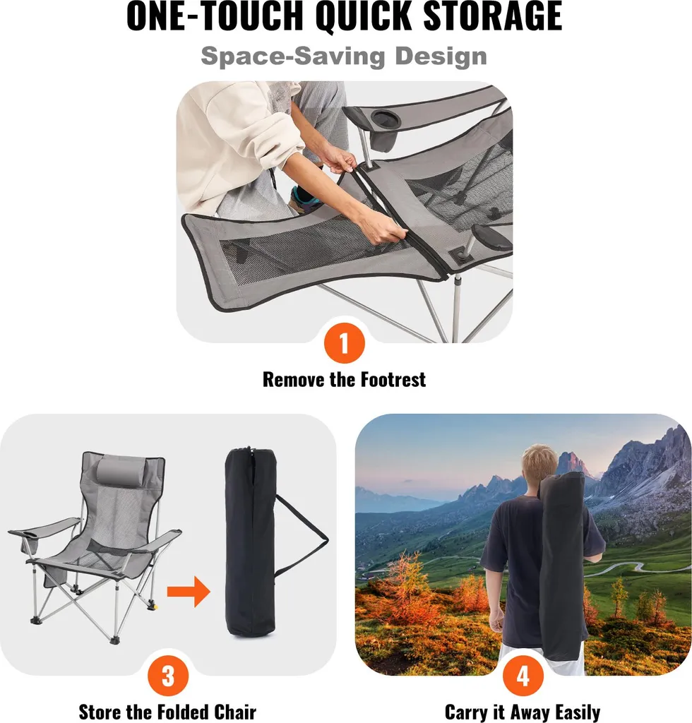 Chaise de camping robuste 150 kg avec appui-tête et poche de rangement