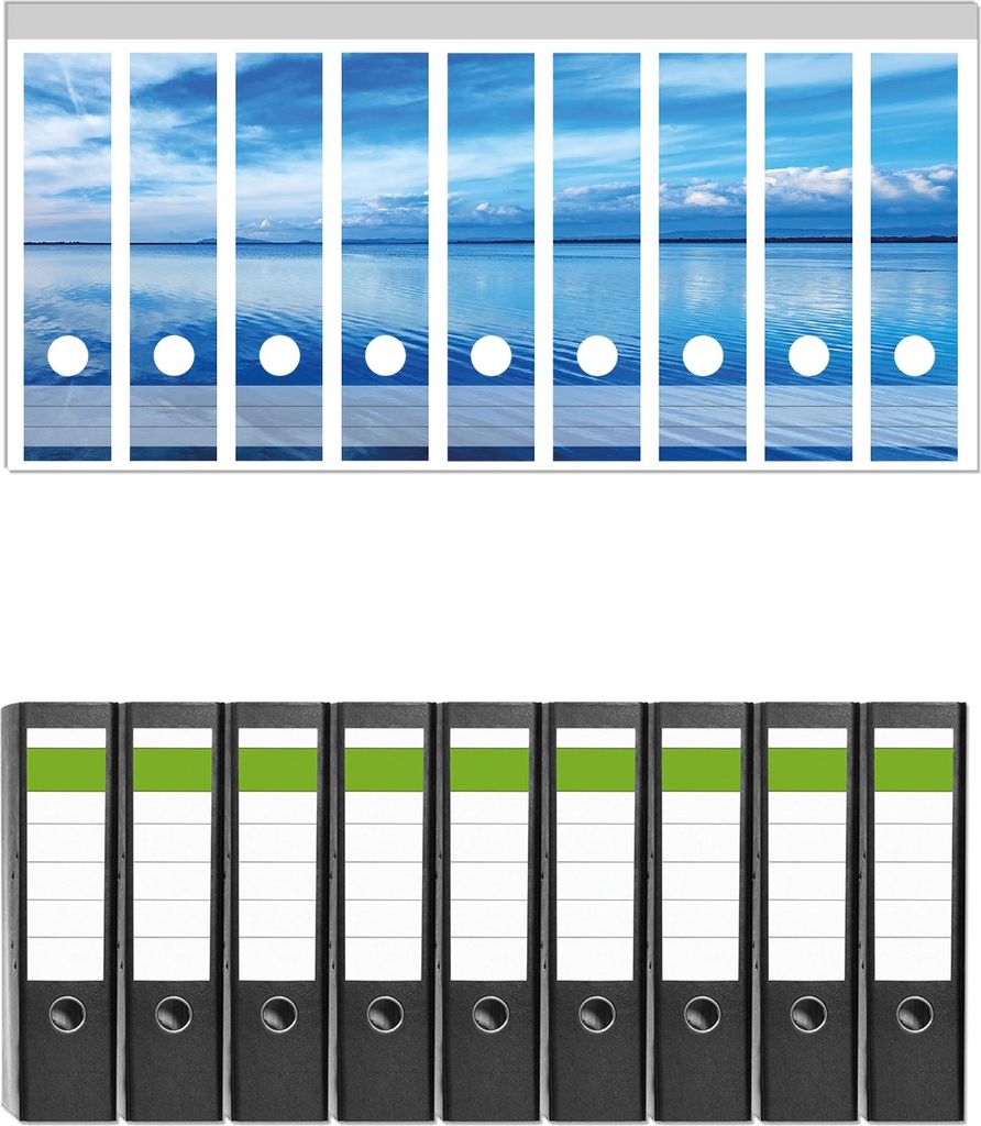 Wallario 9 Stück breite Ordner inkl. Klebeetiketten mit Motive Blaue Meeresbucht in Italien mit Spiegelung im Wasser - Set mit Rückenschildern /...