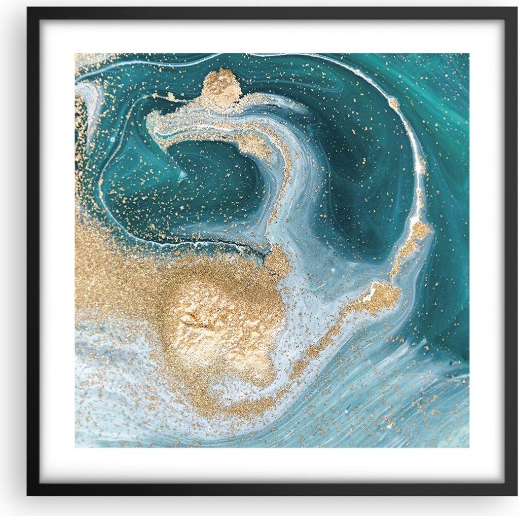 Gerahmtes Poster - Schwarzer Rahmen - Golden Türkis Hintergrund - 50x50 cm - Wand Bild - Wanddeko - Wandbilder - Kunstposter - Wandposter - Bilder...