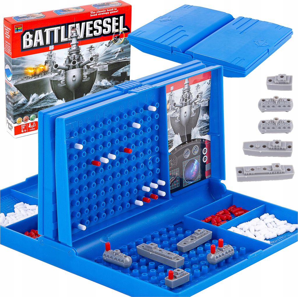 A Battleship board game set, including the game box, game board, and game pieces.