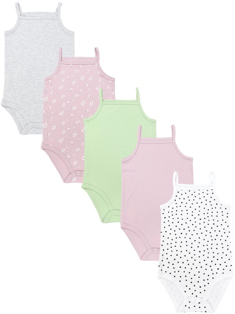 TupTam Body Baby Mädchen 5er Set – Sommer Body Baby mit Spaghettiträgern aus 100% Baumwolle, Farbe: Pink_Blumen_Punkte_Grau_Grün, Größe: 116
