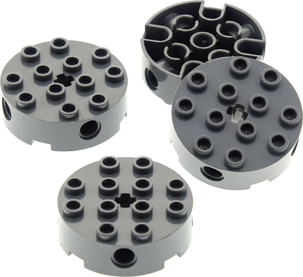 4x Lego Rund Stein 4x4x1 neu-dunkel grau 4 Pin Löcher Achs Loch 4211097 6222