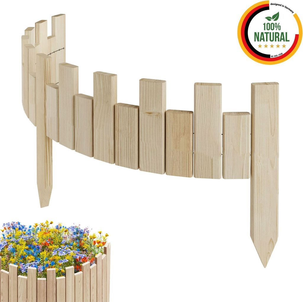 Floranica Beeteinfassung Rasenkante Holz Rollzaun Holzzaun 100 x 15 cm Unbehandelt unimprägniert Flexible Rollborder Palisade Gartenzaun