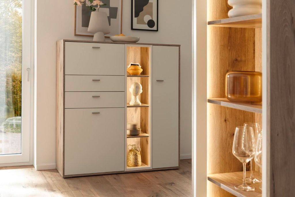 Highboard Santerno | Soft white / Viking Oak | ohne Beleuchtung