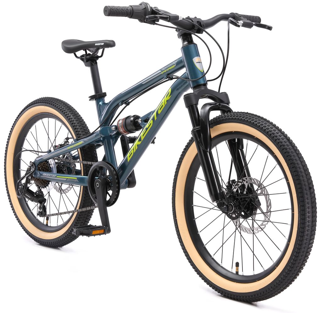 BIKESTAR Alu Kinder Jugend Mountainbike Vollgefedert, 7 Gang Shimano, 20 Zoll ab 6 - 7 Jahre | Fully MTB Scheibenbremse | Petrol