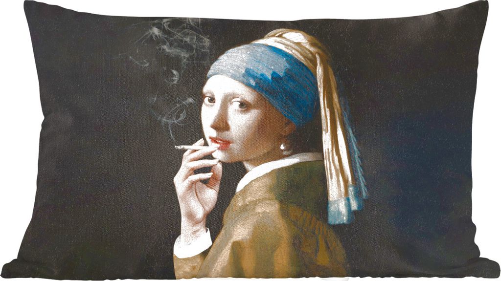 MuchoWow Zierkissen Sofakissen Wohnzimmer Dekokissen 60x40 cm Das Mädchen mit dem Perlenohrring - Vermeer - Zigaretten - Kopfkissen - Polster mi...