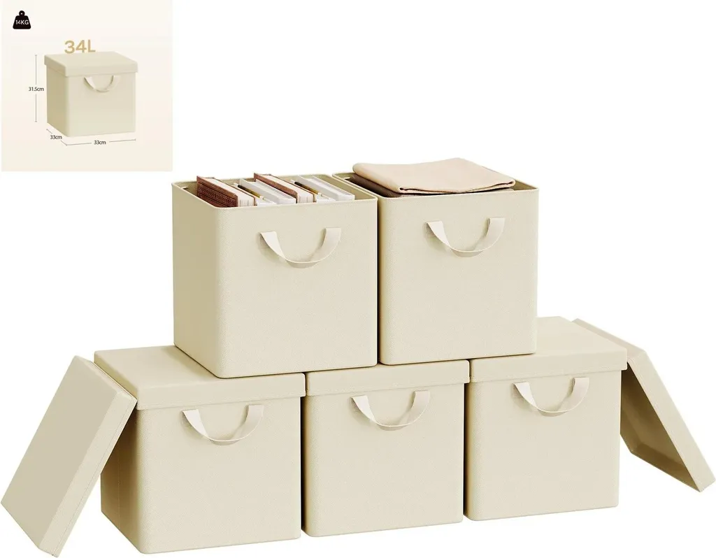 Boîte de rangement pliable 34L lot de 5 en non-tissé rose avec couvercle