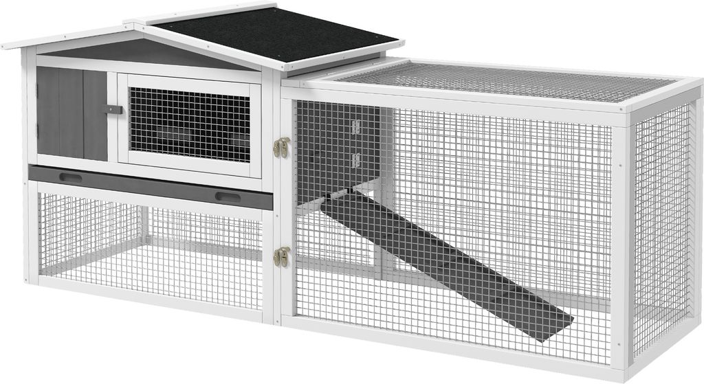 PawHut Kaninchenstall für Zwergkaninchen Hasenstall mit Freilaufgehege Bodenwanne, Rampe, Kleintierstall aus Holz Meerschweinchen Gehege mit 2 Eta...