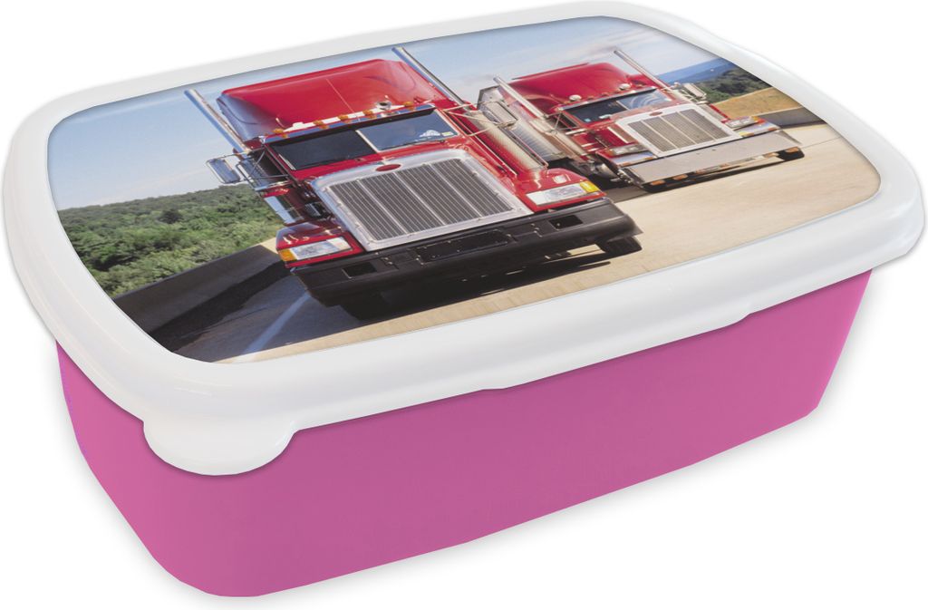 KitchenYeah Lunchbox Brotzeit Brotdose 17x11 cm Rote Lastwagen auf der Autobahn Kinder Brotzeitdose - Lunchpaket - Brotkasten - Sandwich Box