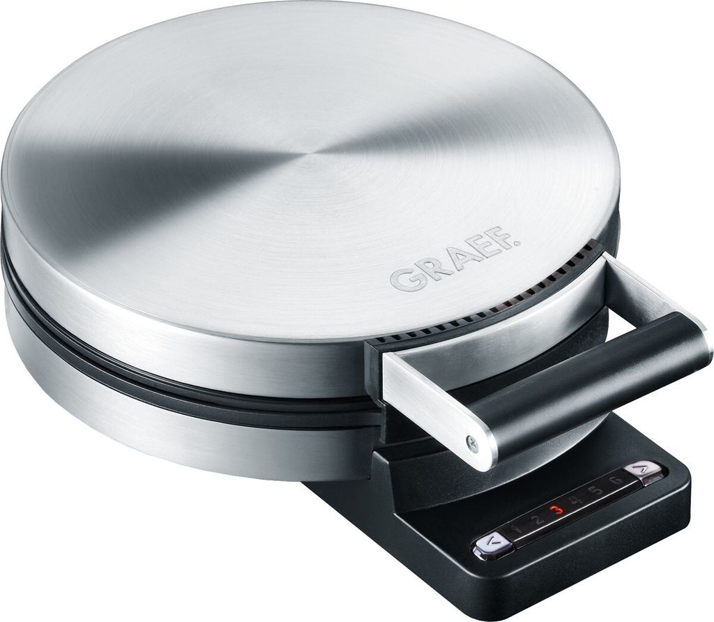 A silver and black waffle maker with a black handle and a digital display on its base.