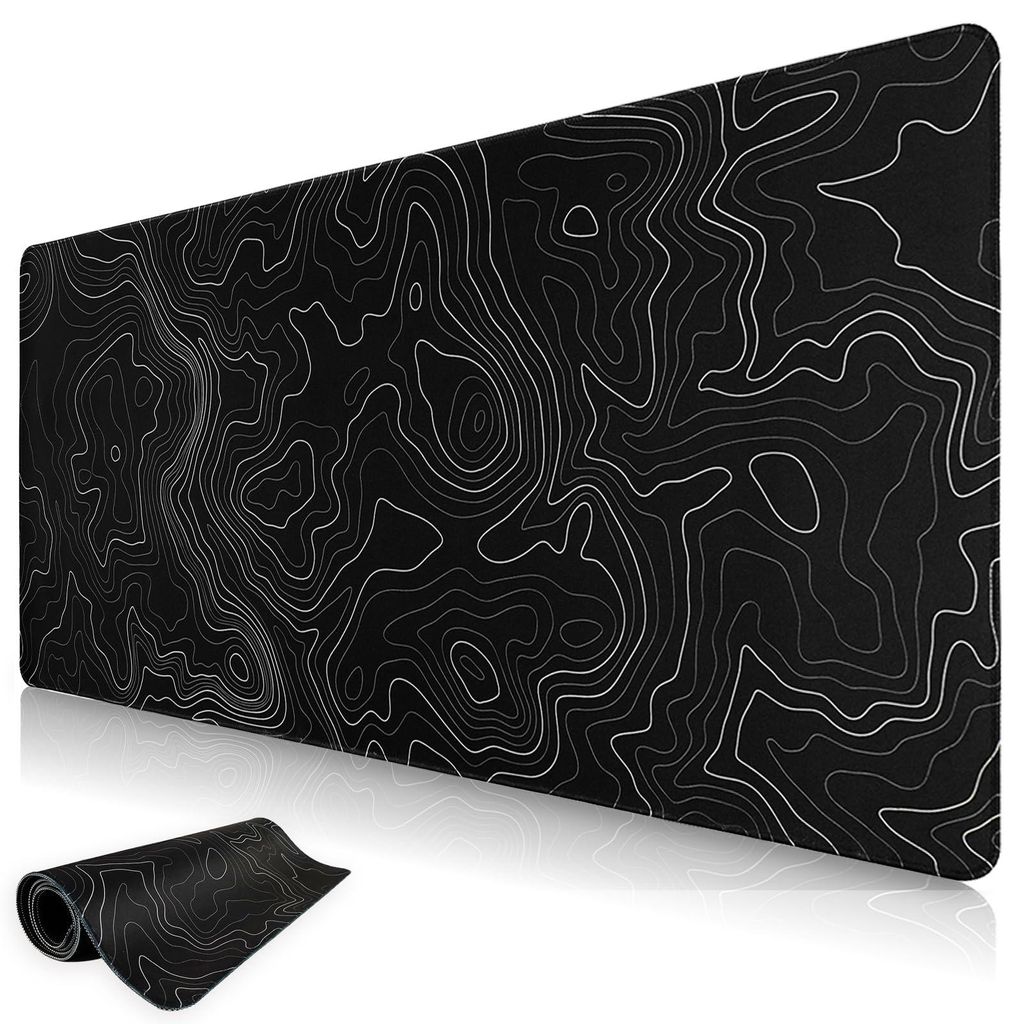 Schwarzes Mauspad mit minimalistischen topografischen Karten, waschbares XXL-Gaming-Mauspad mit vernähten Rändern für Tastatur, PC-Maus und Lapt...