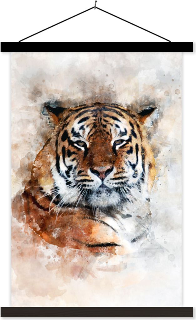 MuchoWow Textilposter Tiger - Kopf - Nebel 60x90 cm mit schwarzem Rahmen - Poster Wohnzimmer